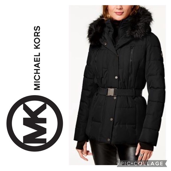 **NWT** MICHAEL KORS Black Belted Puffer Jacket/Coat with Fur Hood 1X - Picture 2 of 8
